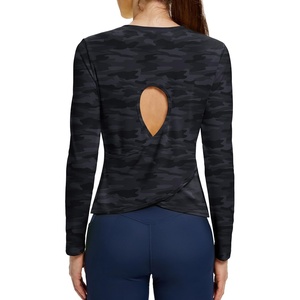 image:imageAlaroo Open Back Workout Tops for Women Long Sleeve Gym Yoga Sport Athletic Shirts Split Back Loose CropBlack Camo
