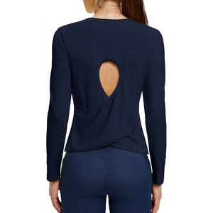image:imageAlaroo Open Back Workout Tops for Women Long Sleeve Gym Yoga Sport Athletic Shirts Split Back Loose CropNavy
