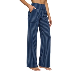 image:imageAlaroo Wide Leg Yoga Pants for Women with 3 Pockets Athletic Casual WorkBlue Striped