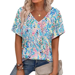 image:imageAlaroo Womens Summer Tops 2026 V Neck Short Sleeve Shirts Trendy Dressy Casual Vacation Outfits PrintedPrint 40