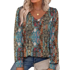 image:imageAlaroo Long Sleeve Shirts for Women V Neck Tops Pleated Tunic PrintPrint 10