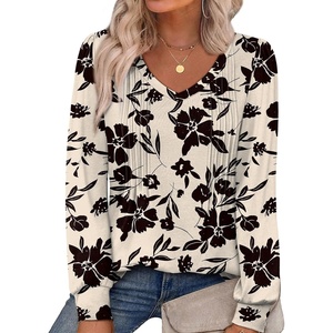 image:imageAlaroo Long Sleeve Shirts for Women V Neck Tops Pleated Tunic PrintPrint 11
