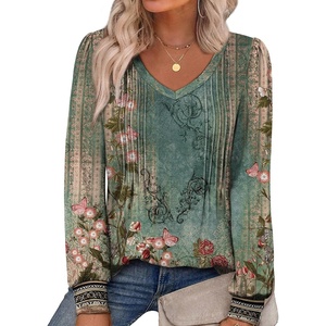 image:imageAlaroo Long Sleeve Shirts for Women V Neck Tops Pleated Tunic PrintPrint 12