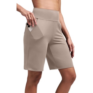 image:imageAlaroo Womens Bermuda Long Shorts with Pockets HighWaisted Knee Length Biker Athletic Running Yoga Workout GymKhaki