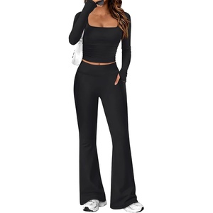 image:imageAlaroo Workout Two Piece for Women Long Sleeve Crop High Waist With PocketBlack