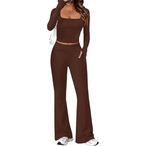 image:imageAlaroo Workout Two Piece for Women Long Sleeve Crop High Waist With PocketBrown