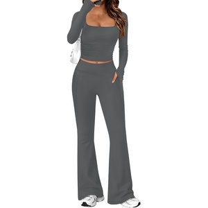 image:imageAlaroo Workout Two Piece for Women Long Sleeve Crop High Waist With PocketGrey