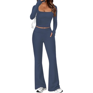 image:imageAlaroo Workout Two Piece for Women Long Sleeve Crop High Waist With PocketNavy Blue